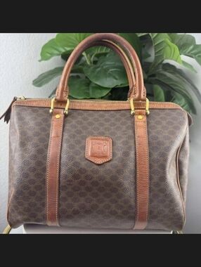 Celine Macadam Monogram Boston Bag with Cognac Leather Trim Vintage Authentic